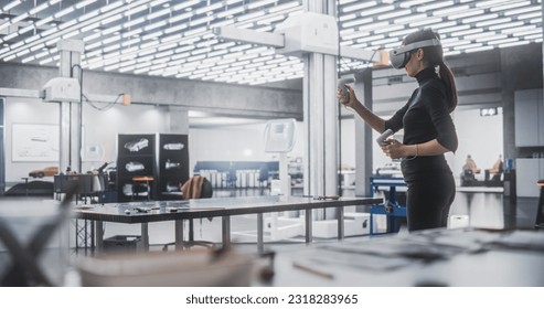 Female Car Designer Wearing Virtual Reality Headset and Using Controllers to Work on a Concept Car Made Out of Plasticine Modeling Clay. Talented Designer Working in VR Set to Analyze the Vehicle - Powered by Shutterstock