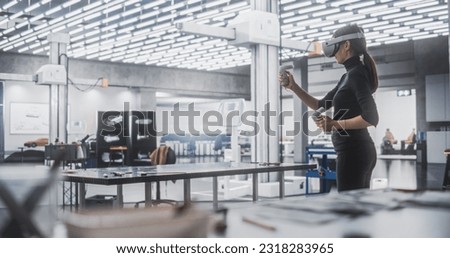 Female Car Designer Wearing Virtual Reality Headset and Using Controllers to Work on a Concept Car Made Out of Plasticine Modeling Clay. Talented Designer Working in VR Set to Analyze the Vehicle