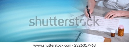 Female cardiologist examining an ecg graph in medical office; panoramic banner