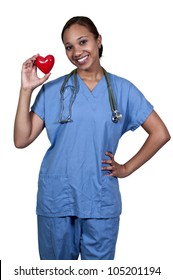 A female cardiologist woman doctor holding a red heart