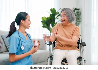 Female Caregiver Giving The Medicine To Her Older Female Patient. Caregiver Nurse Helping Elderly Woman Taking Medicine On The Wheelchair At Home.