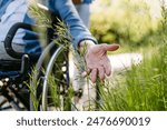 Female caregiver and senior woman in wheelchair picking wild flowers. Nurse and elderly woman enjoying a warm day in nursing home, public park.