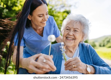 Female caregiver and senior woman in wheelchair holding dandelion, picking wild flowers. Nurse and elderly woman enjoying a warm day in nursing home, public park. - Powered by Shutterstock