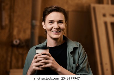 A female carpenter enjoys a well-deserved coffee break in her cozy workshop, surrounded by wood and tools. - Powered by Shutterstock