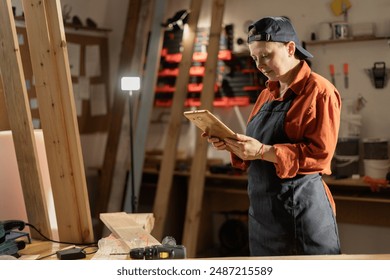 Female carpenter working in workshop making furniture and wooden products, using digital tablet. - Powered by Shutterstock