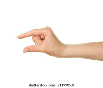 Female Caucasian Hand Gesture Of Showing The Small Size With Two Fingers, Isolated Over The White Background