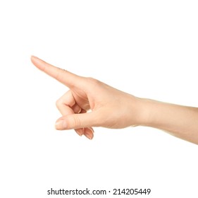 Female Caucasian Hand Pointing Gesture Of An Index Finger Isolated Over The White Background