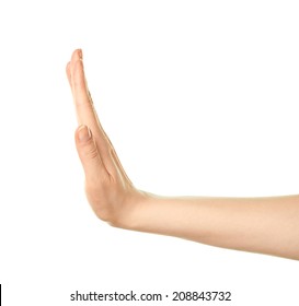 Female Caucasian Hand Stop Palm Gesture Isolated Over The White Background