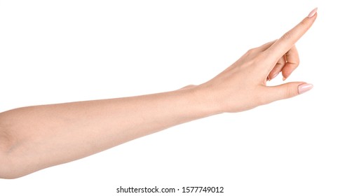 Female caucasian hands  isolated white background showing  gesture points finger to something or someone.  woman hands showing different gestures - Shutterstock ID 1577749012