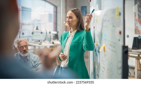 Female CEO Using Whiteboard in Office to Answer Questions and Give Feedback to her Team During a Meeting. Portrait of Beautiful Woman Doing Presentation in Creative Agency