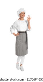 Female Chef In Apron Showing Perfect Sign On White Background