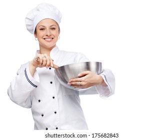 Female Chef With Whisk And Bowl Isolated On White Background