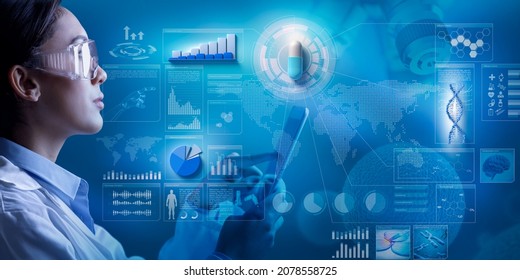 Female chemist or doctor tapping on digital tablet in scientific blue background with capsule, diagram, chart and infographics. 3D illustration. Pharmaceutical industry research and development data. - Shutterstock ID 2078558725