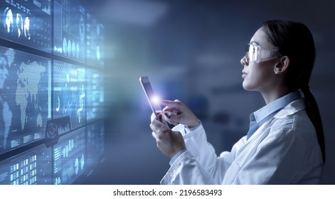 Female chemist or doctor tapping on digital tablet displaying scientific experiment data and charts on a virtual screen in lab. Biochemical and medical industry research. - Powered by Shutterstock