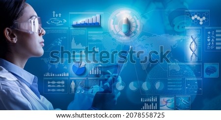 Female chemist or doctor tapping on digital tablet in scientific blue background with capsule, diagram, chart and infographics. 3D illustration. Pharmaceutical industry research and development data.