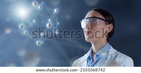 Female chemist in lab goggles contemplating a molecular structure hologram 3d illustration. Futuristic medical science, molecular biology and genetics concept. 