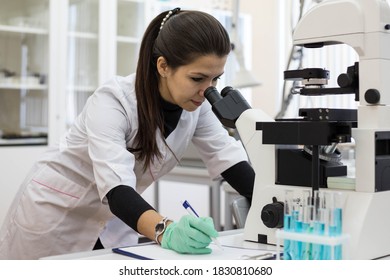 A Female Chemist Looks Through A Microscope And Makes Notes In A Journal. Scientific Research Using A Microscope In The Laboratory. Woman Scientist.