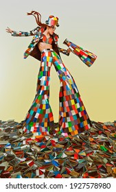 Female circus master dressed in a colorful suit and holding a megaphone, standing in the middle of a bunch of color samples