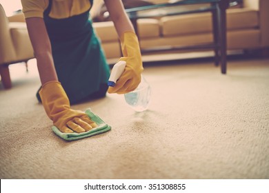 Female cleaner using spray stains remover