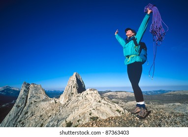 Female Climber Celebrates On Summit Challenging Stock Photo 87363403 ...