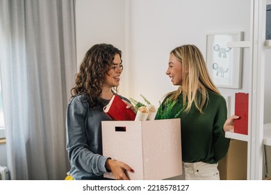 Female College Student Move In Dorm. They Are Talking In The Room