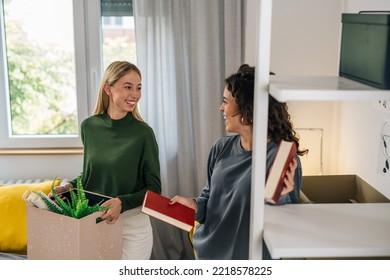 Female College Student Move In Dorm. They Are Talking In The Room