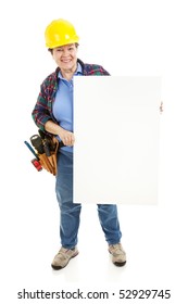 Female Construction Worker Holding Blank Sign, Ready For Text.  Isolated On White, Full Body.