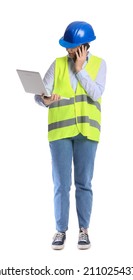 Female Construction Worker With Laptop Talking By Mobile Phone On White Background