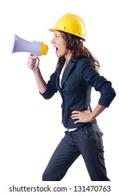 Female Construction Worker With Loudspeaker