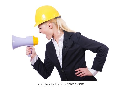 Female Construction Worker With Loudspeaker