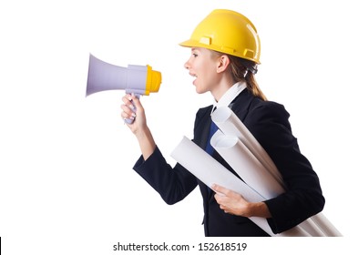 Female Construction Worker With Loudspeaker