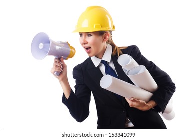 Female Construction Worker With Loudspeaker