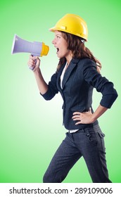 Female Construction Worker With Loudspeaker