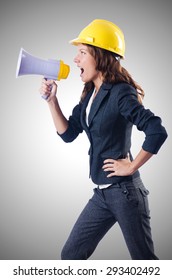 Female Construction Worker With Loudspeaker