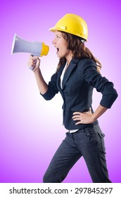 Female Construction Worker With Loudspeaker