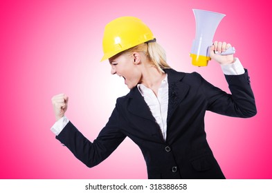 Female Construction Worker With Loudspeaker