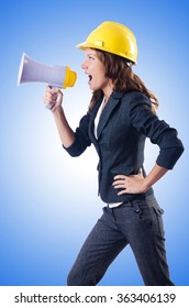 Female Construction Worker With Loudspeaker