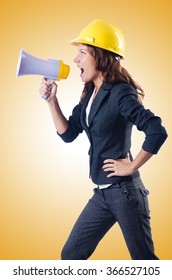 Female Construction Worker With Loudspeaker