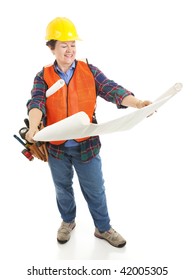 Female Construction Worker Reviewing Building Plans.  Full Body Isolated On White.