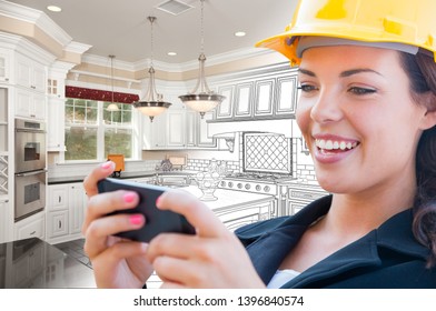 Female Contractor Using Smart Phone Over Kitchen Drawing Gradating To Photo.