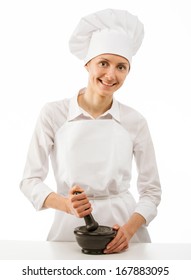 Female Cook Pounding Something Using Mortar And Pestle, Closeup Shot