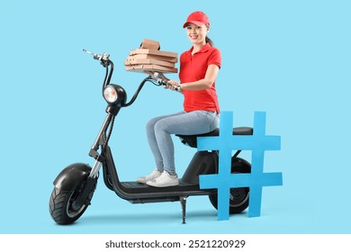 Female courier with food containers, hashtag sign and scooter on color background - Powered by Shutterstock