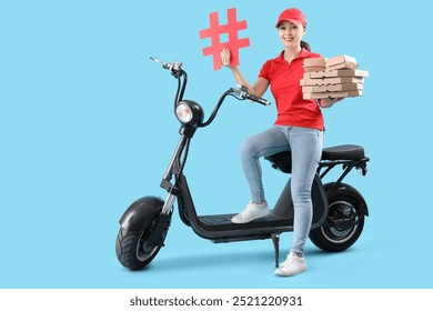 Female courier with food containers, hashtag sign and scooter on color background - Powered by Shutterstock