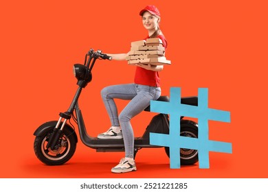 Female courier with food containers, hashtag sign and scooter against color background - Powered by Shutterstock