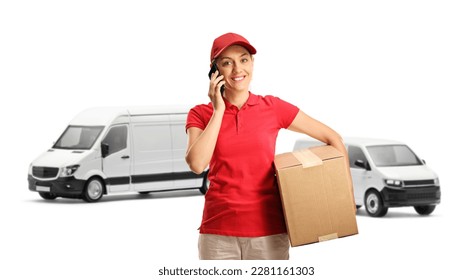 Female courier holding a cardboard box and making a phone call isolated on white background  - Powered by Shutterstock