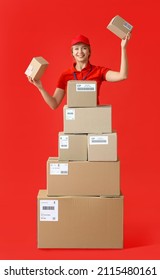 Female Courier With Many Parcels On Color Background