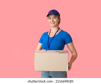 Female Courier With Parcel On Color Background