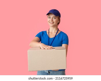 Female Courier With Parcel On Color Background