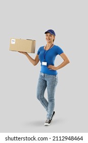 Female Courier With Parcel On Light Background