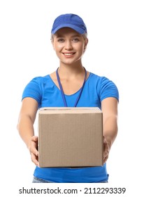 Female Courier With Parcel On White Background